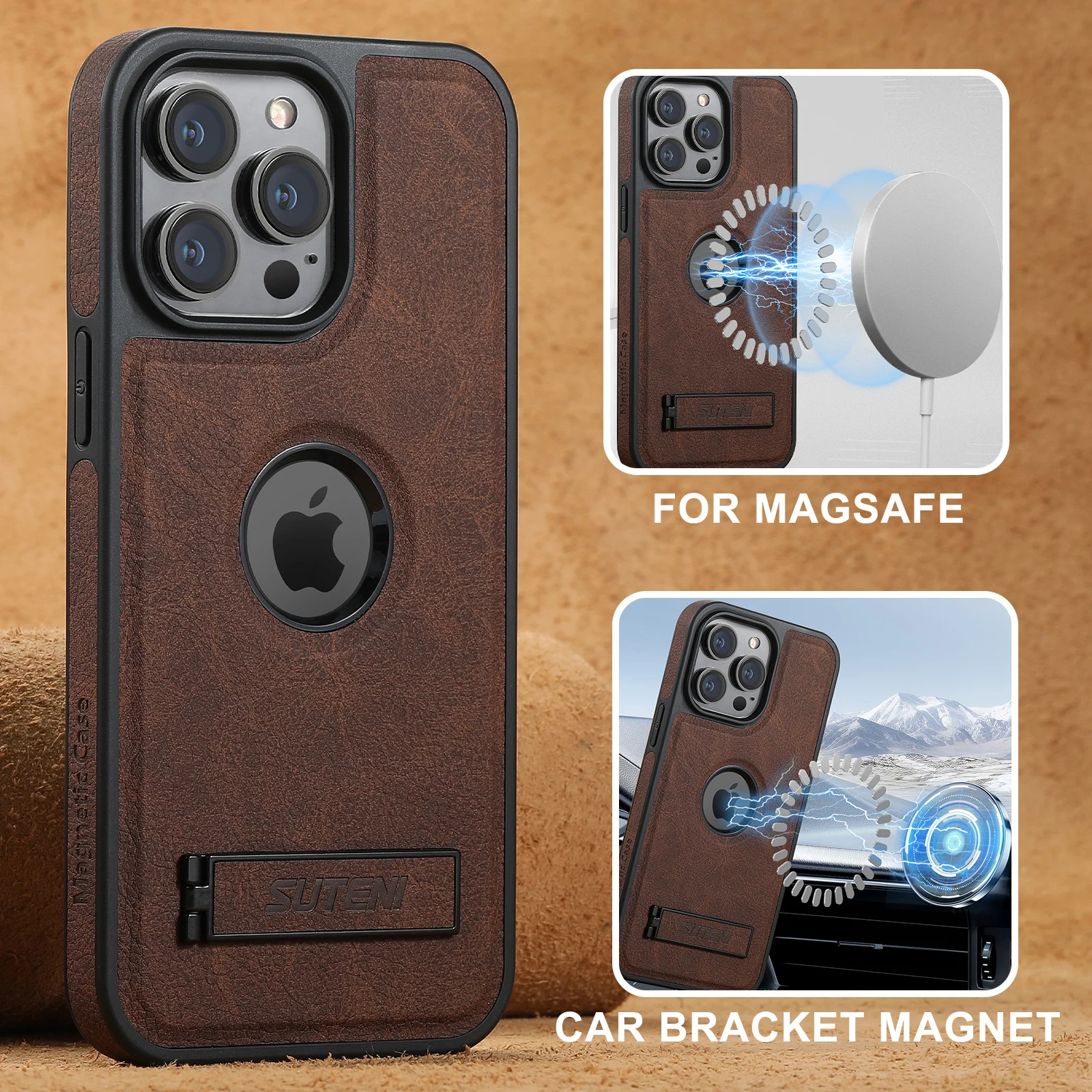 Magsafe Invisible Bracket Cover For iPhone 12 13 14 15 ProMax Magnetic Leather Phone Case For IPhone 13 12 14 15 Pro Max 15 Plus