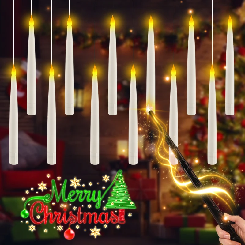 Christmas Floating Candles With Magic Wand Remote,LED Flameless Warm Hanging Candle,Flickering Battery Operated Taper Candle