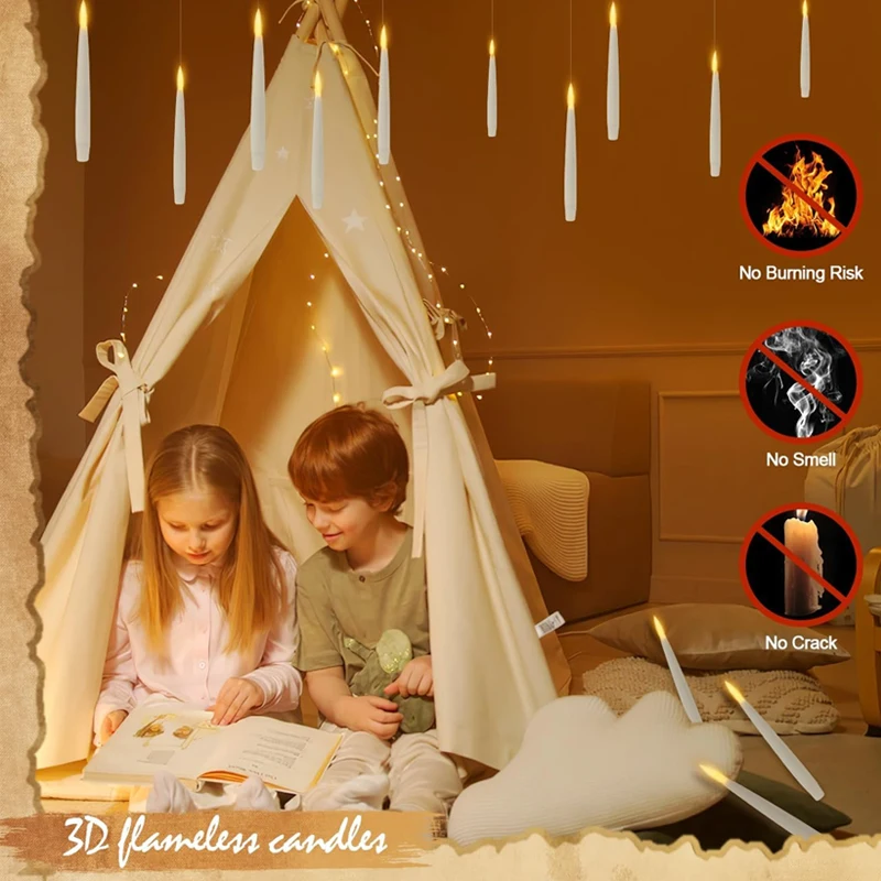 Christmas Floating Candles With Magic Wand Remote,LED Flameless Warm Hanging Candle,Flickering Battery Operated Taper Candle