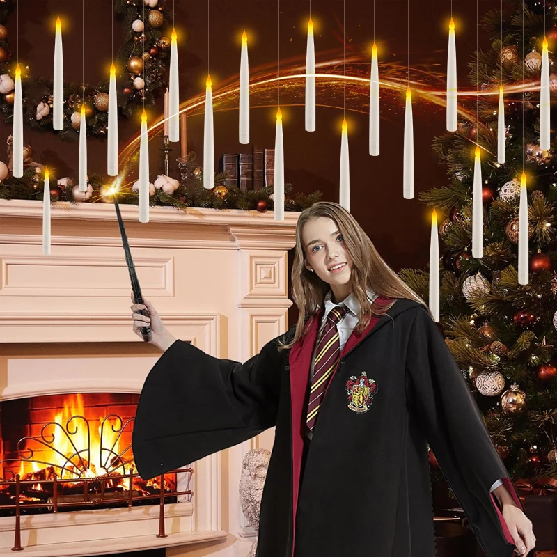Christmas Floating Candles With Magic Wand Remote,LED Flameless Warm Hanging Candle,Flickering Battery Operated Taper Candle