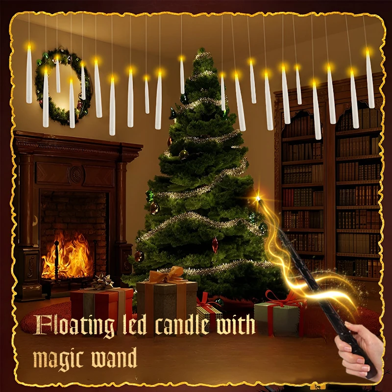 Christmas Floating Candles With Magic Wand Remote,LED Flameless Warm Hanging Candle,Flickering Battery Operated Taper Candle